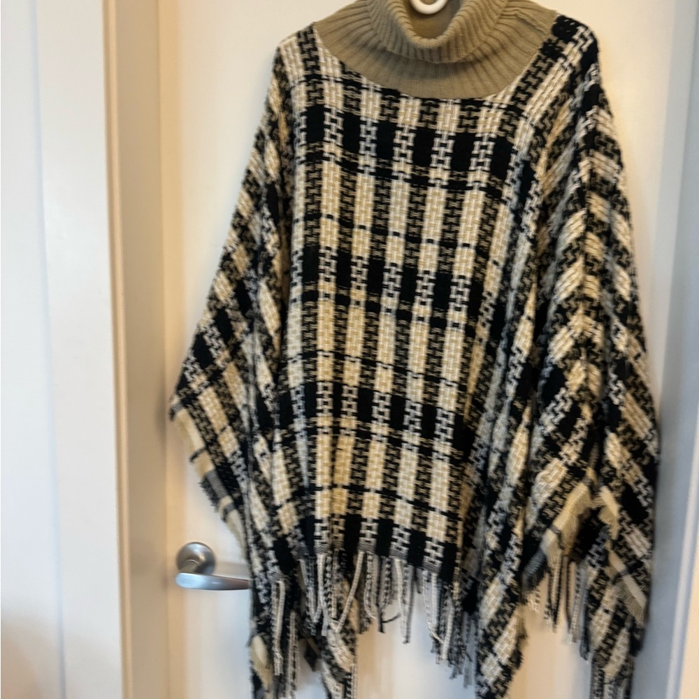 Plaid Turtleneck Poncho Sweater - Black and Cream